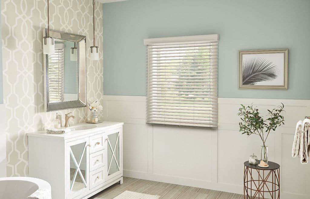 cordless faux wood blinds in bathroom with wood valance