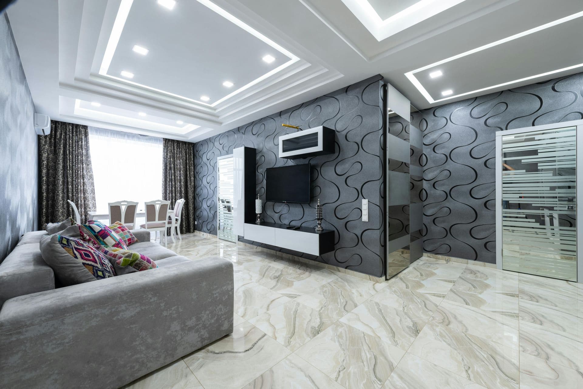 Max Vakhtbovycn interior modern with black stylized wallpaper in living room
