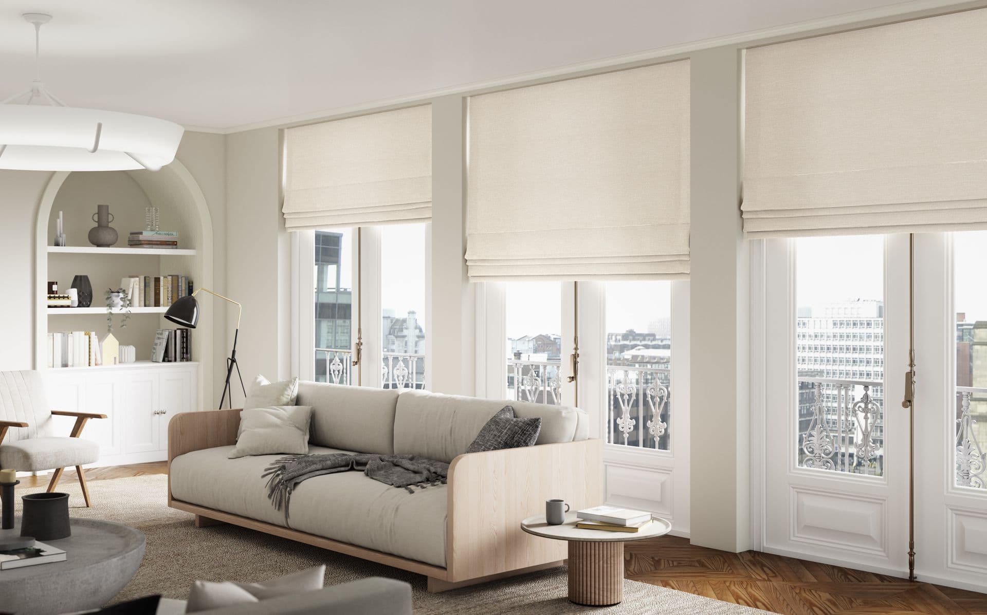 sand roman shades over door and windows in living room